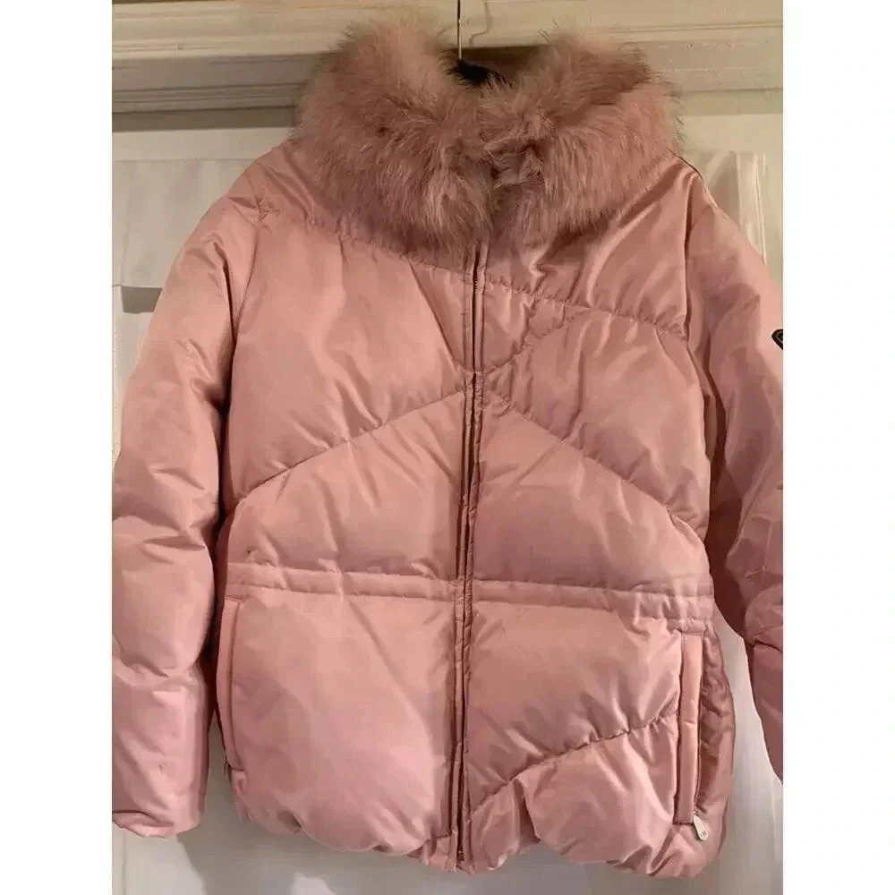 1 Madison Pink‎ puffer jacket zipper pockets/phone pocket/fox fur-Medium